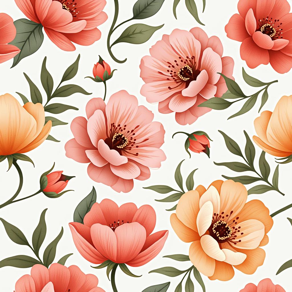  create a seamless digital design featuring a pattern of large, beautiful flowers with soft, watercolor like effects. the flowers should cover the entire surface, creating a bold, elegant, and continuous look. the overall style should be light and airy, with delicate leaves and petals to enhance the natural, floral theme. the design should be seamless to ensure it can be used in repeating patterns or wraps.