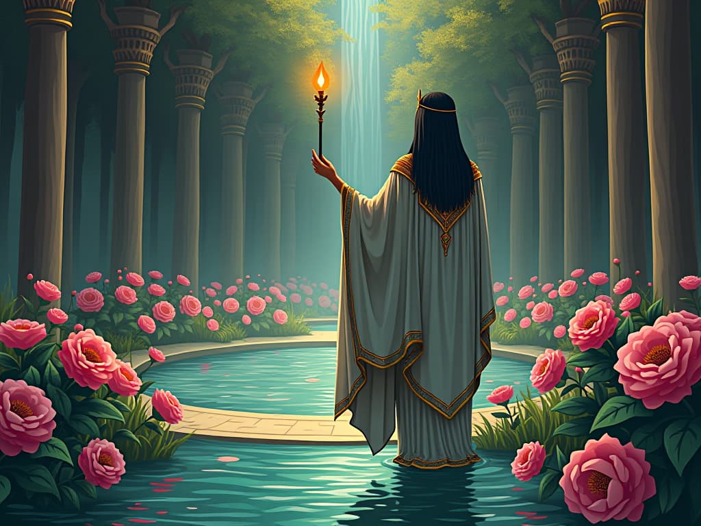  a serene sanctuary with blooming flowers and flowing water, a sacred space for inner peace and spiritual enlightenment. the style is digital art illustration / modern comic book / mysterious occult, symbolic, esoteric vibe,high detail on character design, incorporating ancient egyptian symbology and attire.