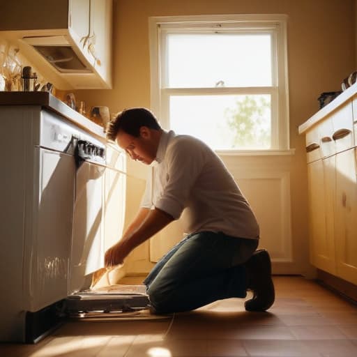 A photo of a skilled technician repairing a malfunctioning dishwasher in a brightly lit kitchen during the late afternoon with warm, golden light streaming through the window, casting long shadows across the countertop.