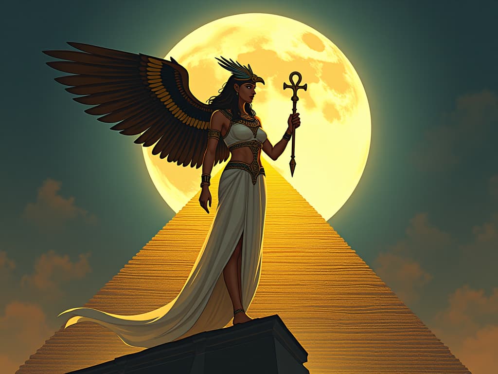  horus, falcon headed god, standing on a golden pyramid, wings outstretched, ankh in hand, with a large busted priestess in form fitting white linen, urging potential and change under the full moon. the style is digital art illustration / modern comic book / mysterious occult, symbolic, esoteric vibe,high detail on character design, incorporating ancient egyptian symbology and attire.