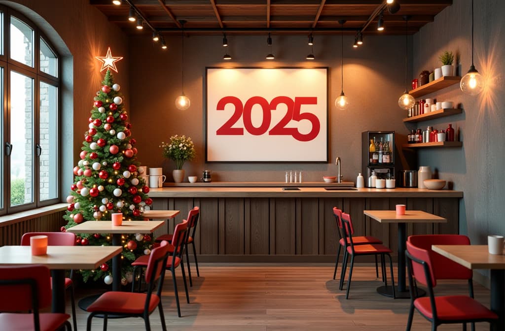  beautiful new year's interior of a coffee bar in brown white red tones, a new year's tree with red balls, a large poster with the numbers "2025" on the wall {prompt}, maximum details