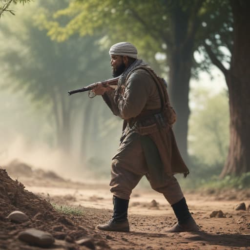 An Islamic fighter in the middle of the battlefield and there is fighting around him in Cinematic style with Nature background