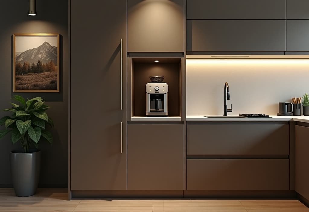  a landscape photo of a kitchen with a hidden appliance garage, its sleek door partially raised to reveal a coffee maker and toaster inside, photographed straight on to showcase the clever concealment hyperrealistic, full body, detailed clothing, highly detailed, cinematic lighting, stunningly beautiful, intricate, sharp focus, f/1. 8, 85mm, (centered image composition), (professionally color graded), ((bright soft diffused light)), volumetric fog, trending on instagram, trending on tumblr, HDR 4K, 8K