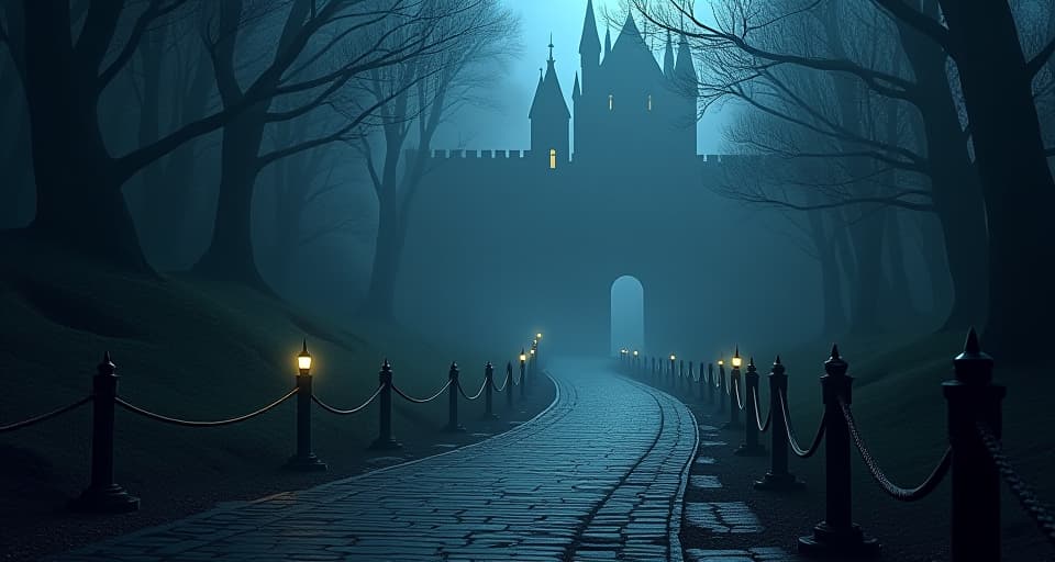  a winding, shadowy path, intricate designs, dimly lit, lined with restrictions, leading to an imposing, dark castle, foreboding, meticulously designed.. the style is digital art illustration,highly detailed, whimsical,magical, dreamlike atmosphere, realism and fantasy blend, smooth, glossy textures,luminous quality, wonder and enchantment.