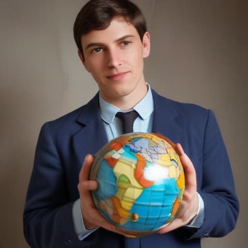 a cubist geography teacher holding a cubistglobe