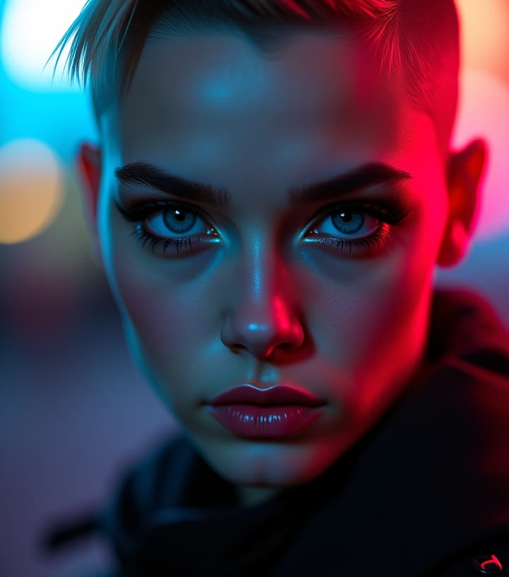  ultra realistic close up portrait ((beautiful pale cyberpunk female with heavy black eyeliner)), blue eyes, shaved side haircut, hyper detail, cinematic lighting, magic neon, dark red city, canon eos r3, nikon, f/1.4, iso 200, 1/160s, 8k, raw, unedited, symmetrical balance, in frame, 8k hyperrealistic, full body, detailed clothing, highly detailed, cinematic lighting, stunningly beautiful, intricate, sharp focus, f/1. 8, 85mm, (centered image composition), (professionally color graded), ((bright soft diffused light)), volumetric fog, trending on instagram, trending on tumblr, HDR 4K, 8K