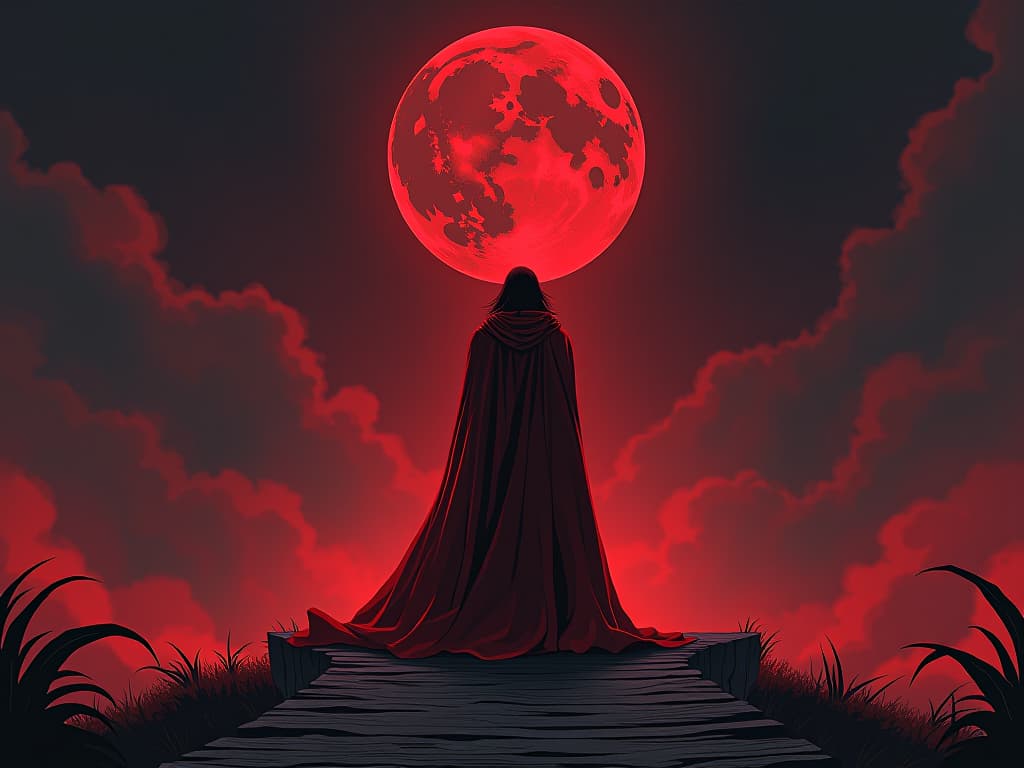  determined figure in red, standing at a crossroads, unwavering gaze, commitment to destiny. the style is digital art illustration / modern comic book / graphic dark novel fantasy and mysterious occult, symbolic, moody lighting, esoteric vibe,high detail on character design. for the color scheme emphasize blacks and reds.