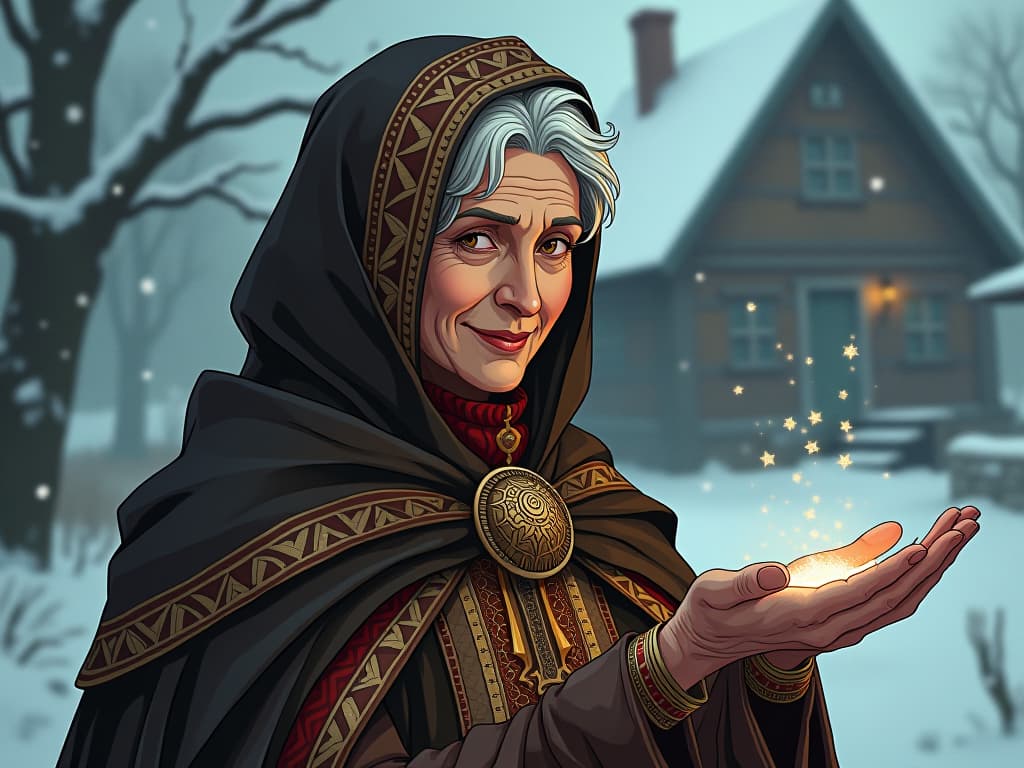  frau holle, an elderly woman with a kind face, wearing traditional german garb, holding snowflakes in her palm, snow covered cottage in background.. the style is digital art illustration / modern comic book / mysterious occult, symbolic, esoteric vibe,high detail on character design, incorporating ancient egyptian symbology and attire.