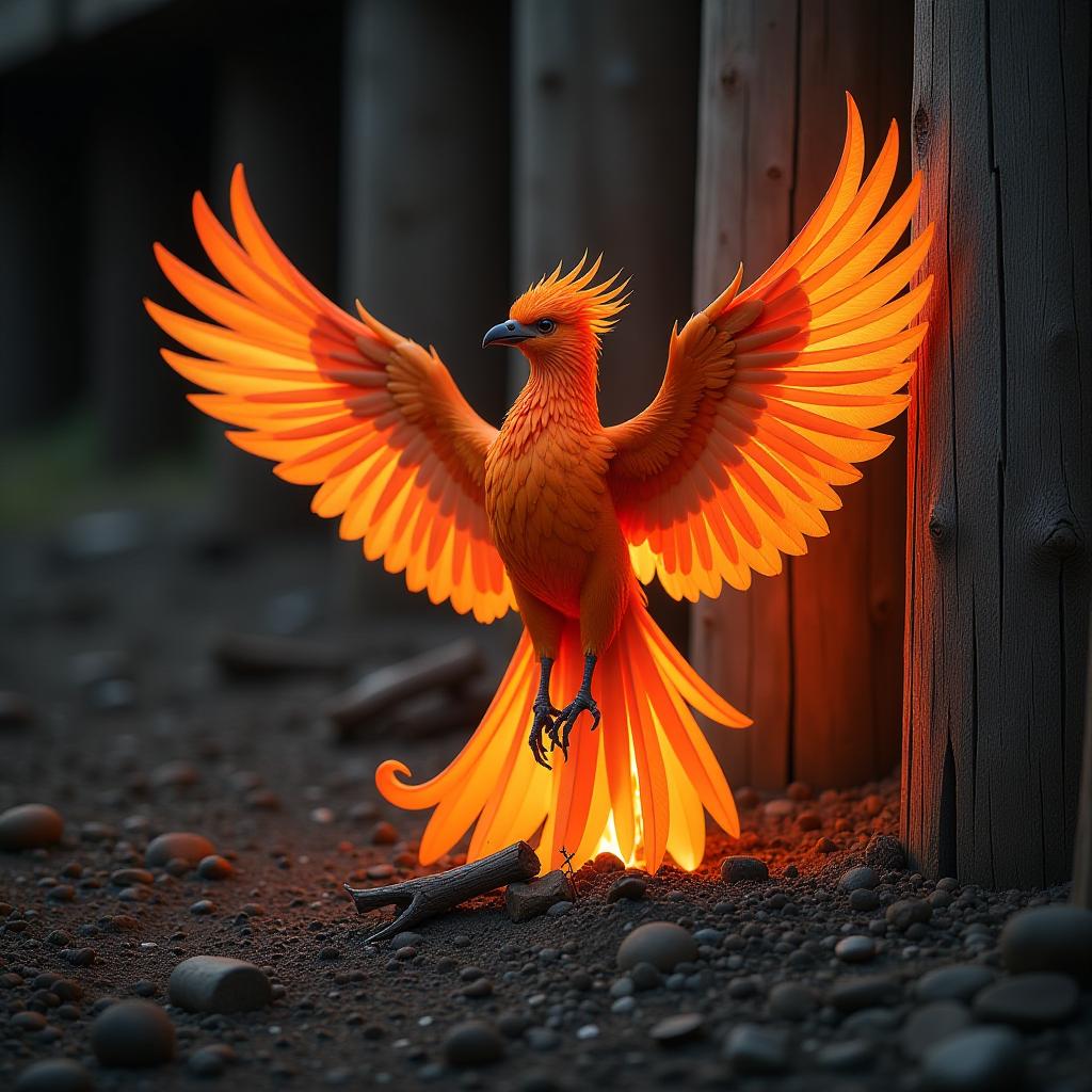  close up of a rustic scene featuring a vibrant phoenix rising from ashes, its fiery feathers contrasting against a backdrop of weathered wooden pylon structures. the warm glow of the phoenix illuminates the surrounding elements, creating a sense of renewal and strength. the textures of the wood are rough and aged, while the flames exude a sense of warmth and life, intertwining with the intricate details of the pylon. the composition captures the dynamic energy of the phoenix, emphasizing its graceful wings and radiant colors amidst the rustic, sturdy environment, evoking a feeling of transformation and resilience.