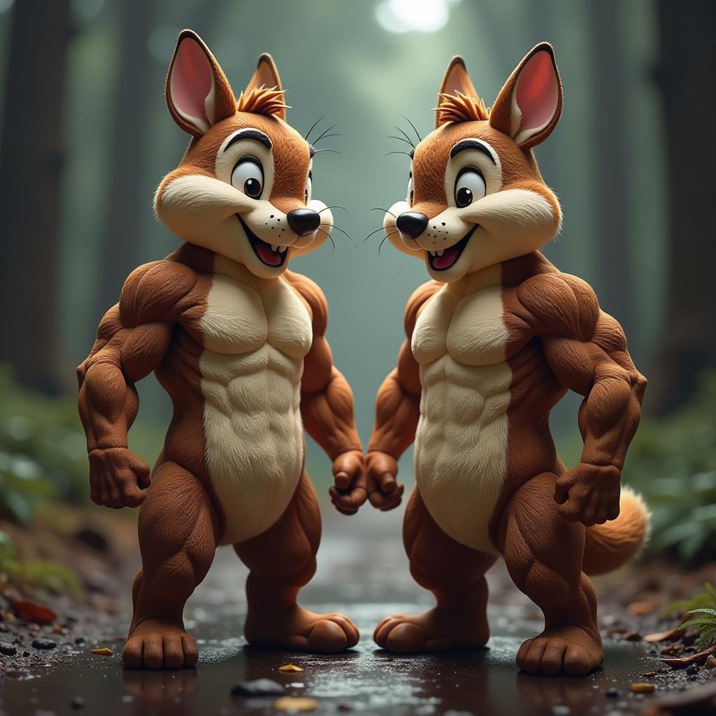  chip and dale like in the 2022 cartoon, portrayed as muscular modern bodybuilders. hyperrealistic, full body, detailed clothing, highly detailed, cinematic lighting, stunningly beautiful, intricate, sharp focus, f/1. 8, 85mm, (centered image composition), (professionally color graded), ((bright soft diffused light)), volumetric fog, trending on instagram, trending on tumblr, HDR 4K, 8K