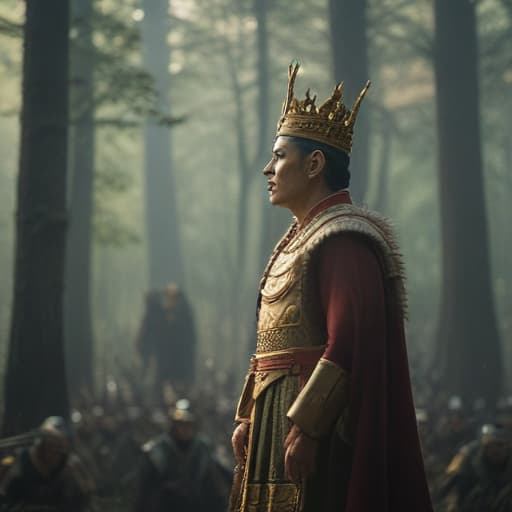 An emperor gives a word to his people in Cinematic style with Forests background