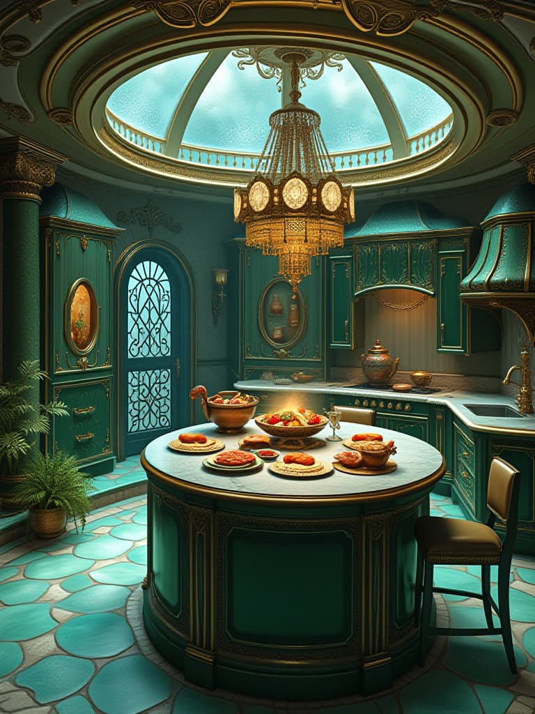  a luxurious mermaid mansion in the deep sea mermaid kitchen . the house is round and big metallic green and gold ver shiny . the kitchen is full of mermaid food . appliances are shape like mermaid tales