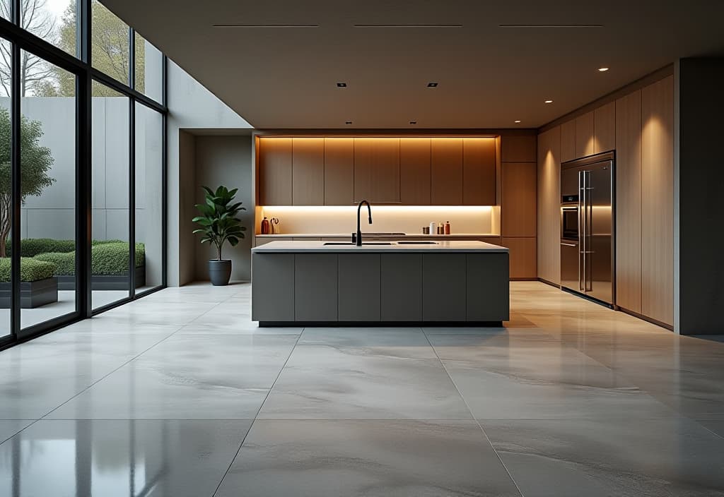  a landscape photo of a modern kitchen with sleek, polished concrete flooring, featuring a large island and stainless steel appliances, shot from a low angle to emphasize the floor's texture hyperrealistic, full body, detailed clothing, highly detailed, cinematic lighting, stunningly beautiful, intricate, sharp focus, f/1. 8, 85mm, (centered image composition), (professionally color graded), ((bright soft diffused light)), volumetric fog, trending on instagram, trending on tumblr, HDR 4K, 8K