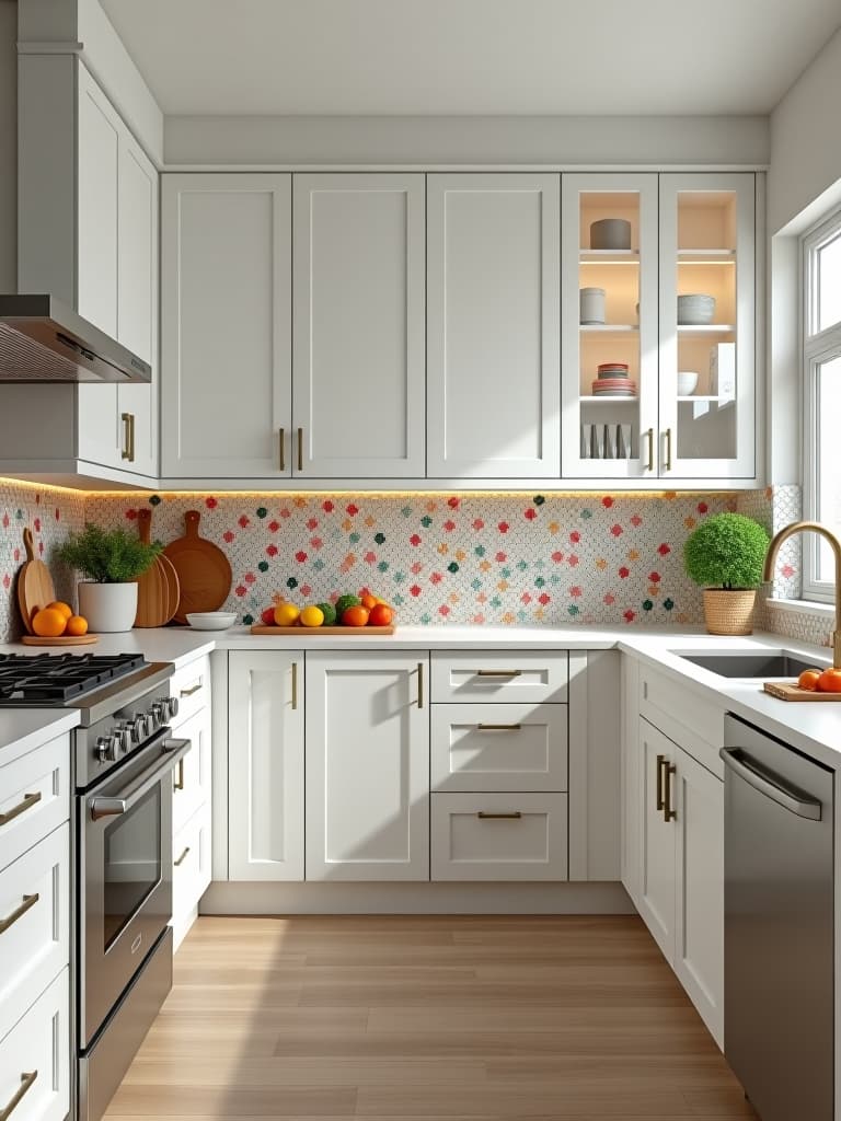  high quality portrait photo of a bright, airy kitchen with white cabinets and a bold, colorful mosaic tile backsplash made from easy to install sheets hyperrealistic, full body, detailed clothing, highly detailed, cinematic lighting, stunningly beautiful, intricate, sharp focus, f/1. 8, 85mm, (centered image composition), (professionally color graded), ((bright soft diffused light)), volumetric fog, trending on instagram, trending on tumblr, HDR 4K, 8K