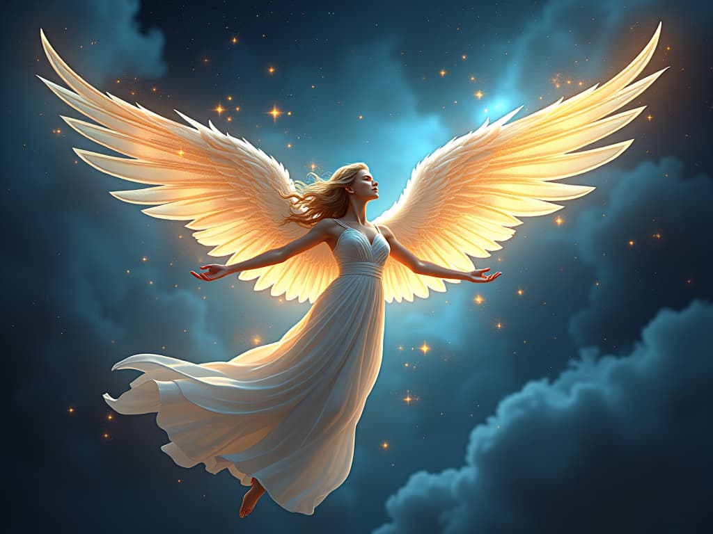  an ethereal angel with luminous wings, attuning to the glowing patterns of the universe. harmonious, intricate, celestial.. the style is digital art illustration,highly detailed, whimsical,magical, dreamlike atmosphere, realism and fantasy blend, smooth, glossy textures,luminous quality, wonder and enchantment.