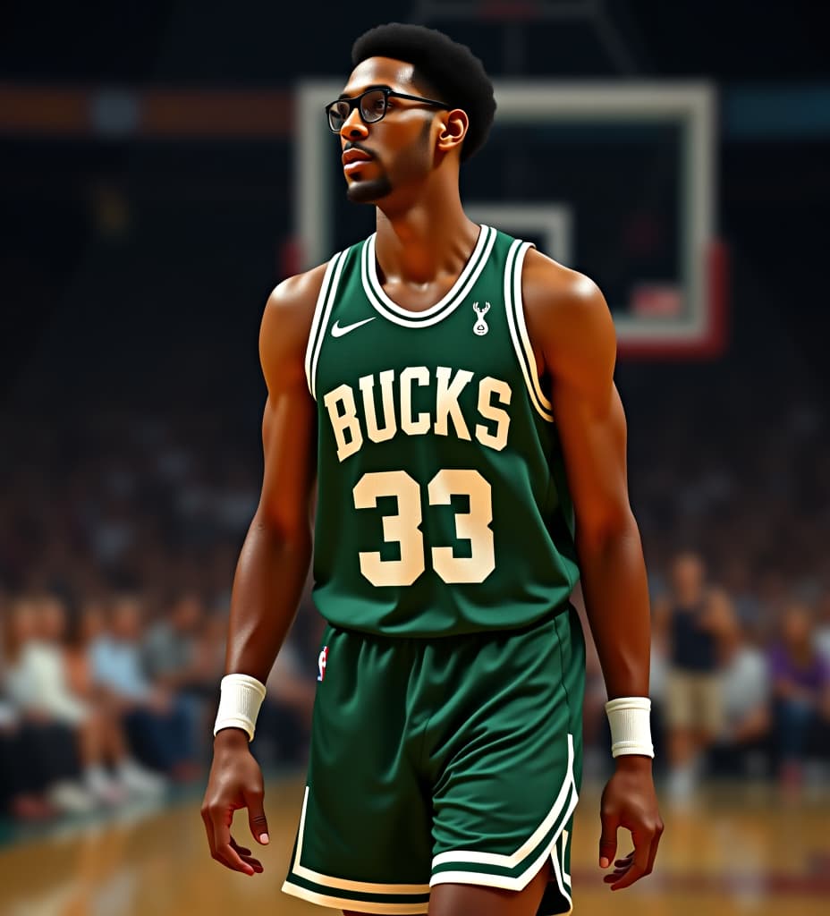  kareem abdul jabbar in 20's wearing his bucks jersey no. 33 that has sideburns and hair and wearing sport glasses walking side view like in human evolutions whole body from head to shoes, high quality, high details, hd, perfect composition, 4k epic detailed, highly detailed, sharp focus, high resolution