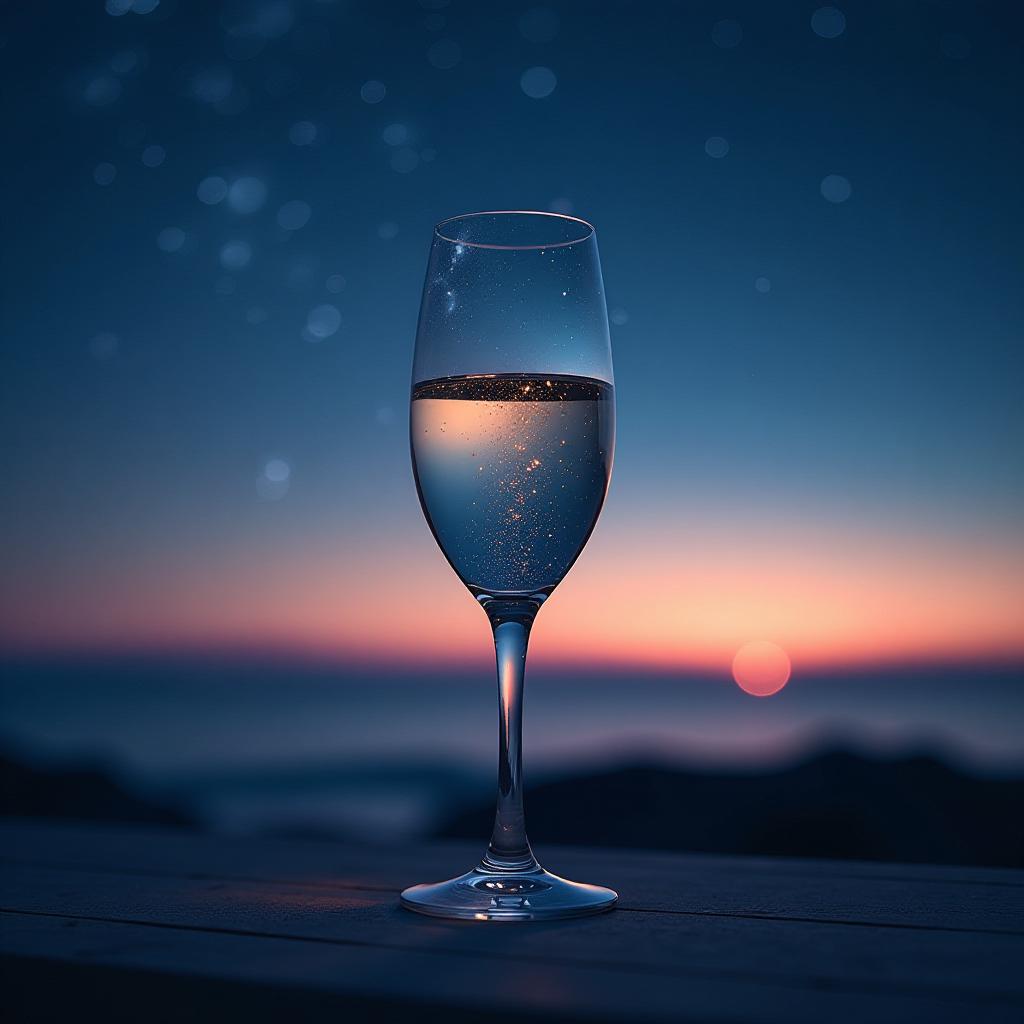  a starry night sky reflected in a champagne flute, set against a sprawling horizon line that fades into a soft gradient of colors. the flute is elegantly positioned, capturing the light and sparkle of the stars above. the composition features a unique, folded view, creating an abstract perspective that intertwines the elements of the cosmos and terrestrial beauty. the interplay of glass and light showcases intricate details, while the horizon serves as a serene backdrop, creating a juxtaposition of dreams and reality.