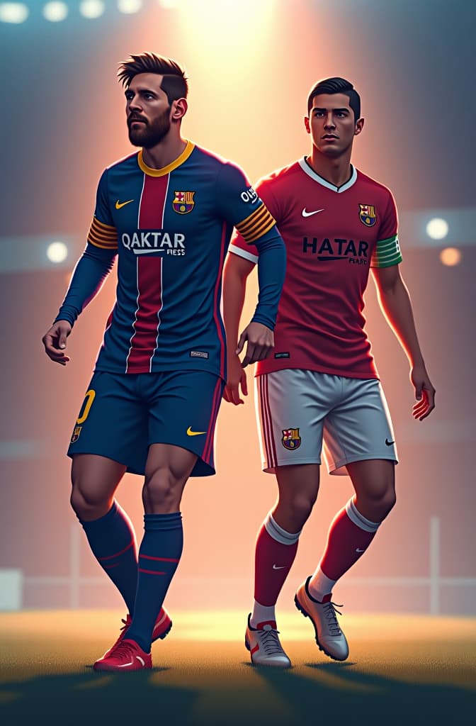  leo messi and cristiano ronaldo , anime concept art by hayao miyazaki, featured on pixiv, fantasy art, concept art, official art, high detailed hyperrealistic, full body, detailed clothing, highly detailed, cinematic lighting, stunningly beautiful, intricate, sharp focus, f/1. 8, 85mm, (centered image composition), (professionally color graded), ((bright soft diffused light)), volumetric fog, trending on instagram, trending on tumblr, HDR 4K, 8K