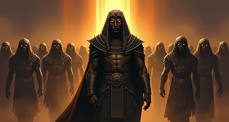  spectral army of ancestors, shimmering in the background, standing behind a commanding figure, figures in ancient armor, mood of empowered reckoning. the style is digital art illustration / modern comic book / mysterious occult, symbolic, esoteric vibe,high detail on character design, incorporating ancient egyptian symbology and attire.