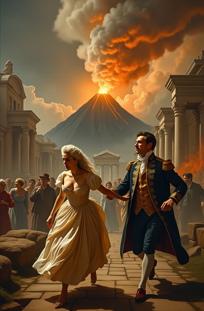  a lavish rococo style painting depicts the dramatic eruption of mount vesuvius over pompeii. in the foreground, elegantly dressed aristocrats flee in panic, their faces contorted with fear and disbelief. a woman in a flowing, pastel silk gown stumbles, her powdered wig askew, while a gentleman in a richly embroidered waistcoat reaches out to steady her. their expressions are rendered with exquisite detail, capturing wide eyes, furrowed brows, and open mouths. the background showcases the volcano in full fury, spewing thick plumes of ash and fire into a turbulent sky painted in swirling oranges and grays. ornate architecture crumbles under the onslaught, with elaborate cornices and delicate frescoes fragmenting amid the chaos. the compositio hyperrealistic, full body, detailed clothing, highly detailed, cinematic lighting, stunningly beautiful, intricate, sharp focus, f/1. 8, 85mm, (centered image composition), (professionally color graded), ((bright soft diffused light)), volumetric fog, trending on instagram, trending on tumblr, HDR 4K, 8K