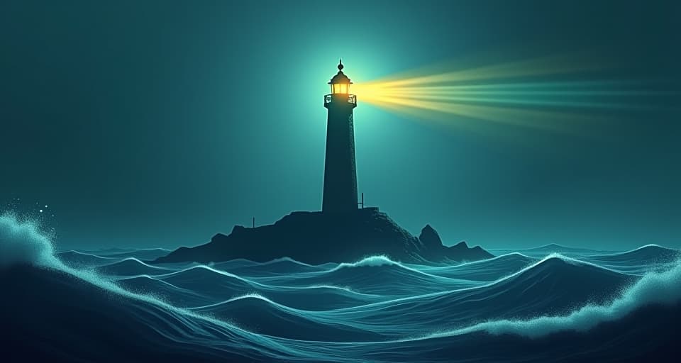  a lone lighthouse standing tall amidst a stormy sea, its beacon cutting through the darkness, symbolizing resilience against small mindedness. the style is digital art illustration / modern comic book / mysterious occult, symbolic, esoteric vibe,high detail on character design, incorporating ancient egyptian symbology and attire.