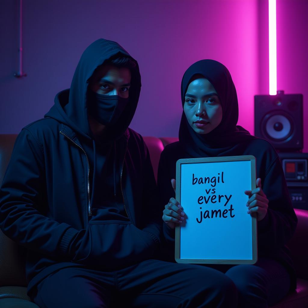  a hyper realistic photo of a 2 old couple in a dark music studio with retro vibes, ed in deep blue and purple hues, creating a shadowy, mysterious atmosphere. the young man, with brown indonesian skin, eyebrows bold wears a black jacket with the hood up and a black mask, his face fully obscured in shadows. his hands are in his pockets, head lowered, adding to his hidden presence. next to him, a woman with arabic features—white skin, high nose, full lips, round face—wearing a stylish hijab, sits slightly turned, holding a whiteboard with "bangil vs every jamet" messy handwritten by bold pen markers. her hand partially covers the text, smudging the last letters. the neon glow softly lights their figures, casting long shado hyperrealistic, full body, detailed clothing, highly detailed, cinematic lighting, stunningly beautiful, intricate, sharp focus, f/1. 8, 85mm, (centered image composition), (professionally color graded), ((bright soft diffused light)), volumetric fog, trending on instagram, trending on tumblr, HDR 4K, 8K