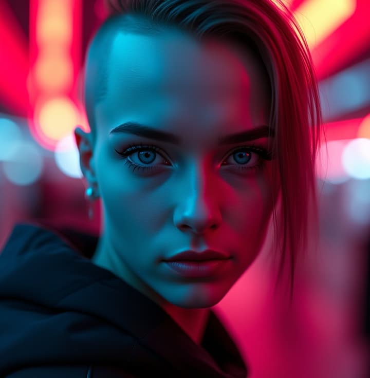  ultra realistic close up portrait ((beautiful pale cyberpunk female with heavy black eyeliner)), blue eyes, shaved side haircut, hyper detail, cinematic lighting, magic neon, dark red city, canon eos r3, nikon, f/1.4, iso 200, 1/160s, 8k, raw, unedited, symmetrical balance, in frame, 8k hyperrealistic, full body, detailed clothing, highly detailed, cinematic lighting, stunningly beautiful, intricate, sharp focus, f/1. 8, 85mm, (centered image composition), (professionally color graded), ((bright soft diffused light)), volumetric fog, trending on instagram, trending on tumblr, HDR 4K, 8K