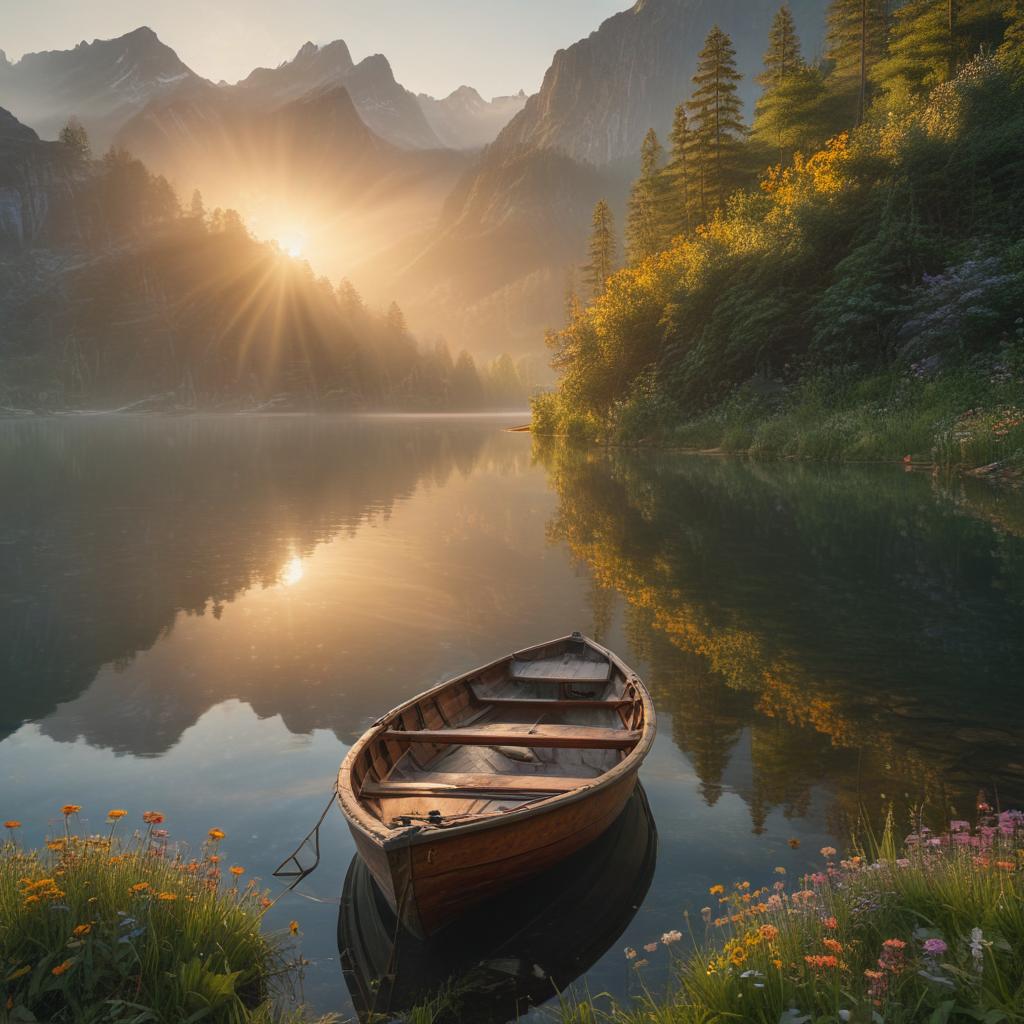 ((masterpiece)), (((best quality))), 8k, high detailed, ultra detailed, A serene lake surrounded by lush green mountains, a small wooden boat floating on the calm water, colorful wildflowers blooming on the shore, the sun setting in the background casting a warm golden glow hyperrealistic, full body, detailed clothing, highly detailed, cinematic lighting, stunningly beautiful, intricate, sharp focus, f/1. 8, 85mm, (centered image composition), (professionally color graded), ((bright soft diffused light)), volumetric fog, trending on instagram, trending on tumblr, HDR 4K, 8K