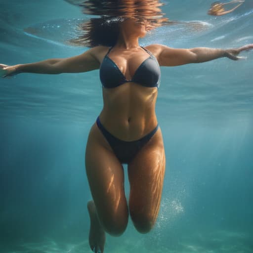 tanned woman with wide hips in swimsuit floundering underwater. in full growth