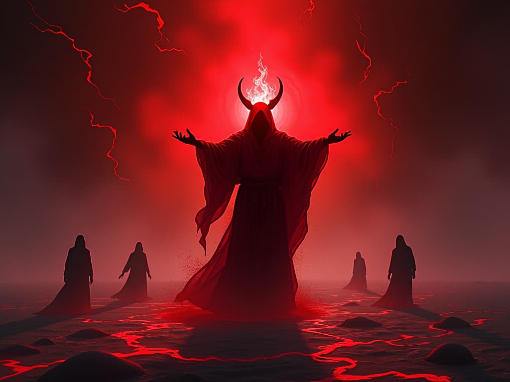  ritualistic figure in red, releasing shadowy figures into the void, sacred flames, sense of liberation and release. the style is digital art illustration / modern comic book / graphic dark novel fantasy and mysterious occult, symbolic, moody lighting, esoteric vibe,high detail on character design. for the color scheme emphasize blacks and reds.