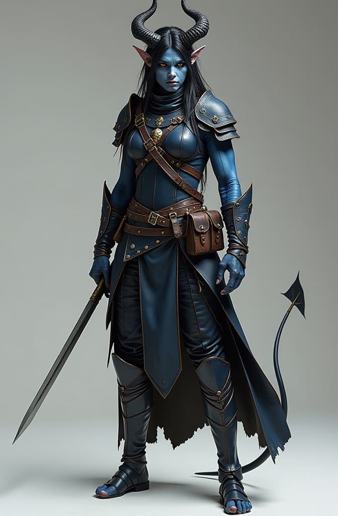  a full body portrait of a humanoid character with dark blue skin and yellow pupils and sclera. the character has wild black hair and two large black horns curving backward from the top of their head. they have pointed elf like ears and a long, thick tail with a sharp arrowhead tip. the character is wearing detailed leather armor designed for an agile warrior or rogue. the armor consists of reinforced leather plates covering the torso, shoulders, and legs, allowing for flexibility and quick movement. in their right hand, they are holding an elegant rapier. the character stands confidently, exuding a mischievous yet composed vibe. their physique is lean yet muscular, with well defined arms and legs, and they carry a small tactical bag over on hyperrealistic, full body, detailed clothing, highly detailed, cinematic lighting, stunningly beautiful, intricate, sharp focus, f/1. 8, 85mm, (centered image composition), (professionally color graded), ((bright soft diffused light)), volumetric fog, trending on instagram, trending on tumblr, HDR 4K, 8K