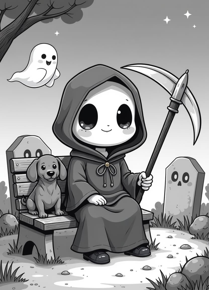  kawaii style grim reaper sitting on a bench in a peaceful graveyard. the grim reaper is wearing a loose hooded cloak and holding a scythe with adorable rounded edges. the character has large, expressive eyes and a calm, gentle smile, with a peaceful vibe. next to the grim reaper is a kawaii style dachshund. in the background, there are soft edged tombstones with friendly skull designs and floating, smiling ghosts with rounded shapes. the sky features stars and tiny twinkling lights. the overall scene should feel cozy and cute, with clean lines perfect for a coloring page., high quality, high details, hd, perfect composition, 4k epic detailed, highly detailed, sharp focus, high resolution