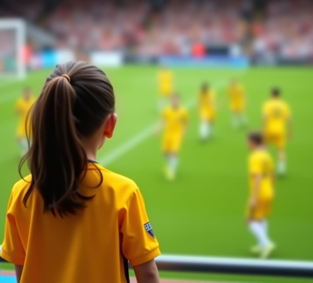  back view of a little girl watching a soccer match, with players in yellow uniforms on the field. the girl, wearing a yellow jersey, is focused on the game from the stands