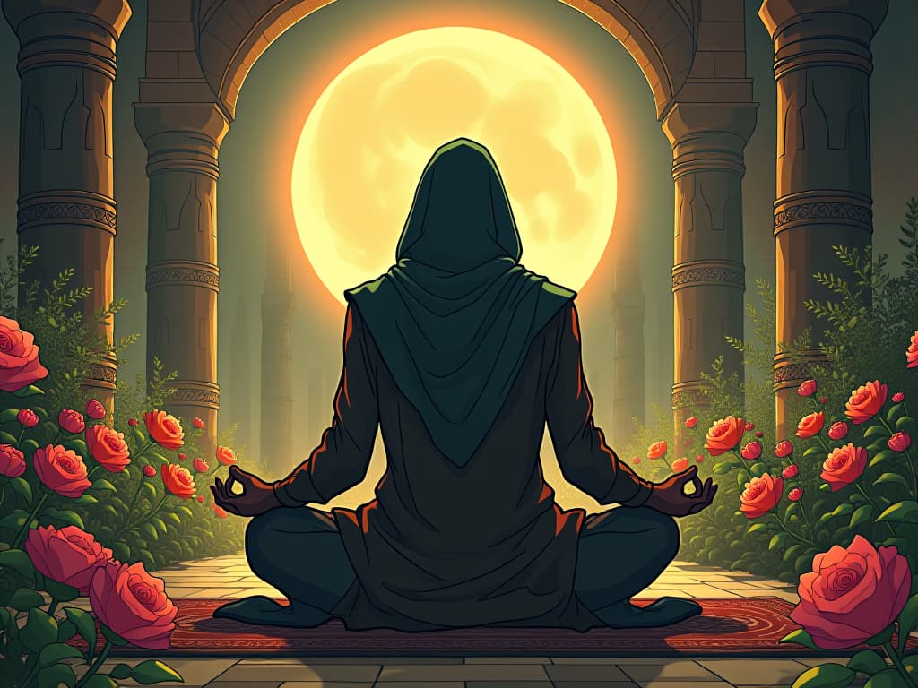  solitary monk meditating in a peaceful, ancient garden, surrounded by blooming flowers, symbolizing introspection and enlightenment within isolation. the style is digital art illustration / modern comic book / mysterious occult, symbolic, esoteric vibe,high detail on character design, incorporating ancient egyptian symbology and attire.