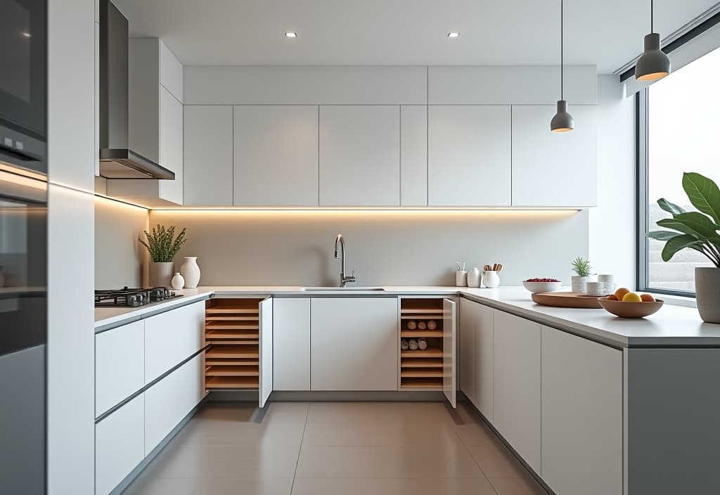  a landscape photo of a sleek, minimalist kitchen with hidden pull out pantry shelves seamlessly integrated into white cabinetry, showcasing efficient use of space in a contemporary setting hyperrealistic, full body, detailed clothing, highly detailed, cinematic lighting, stunningly beautiful, intricate, sharp focus, f/1. 8, 85mm, (centered image composition), (professionally color graded), ((bright soft diffused light)), volumetric fog, trending on instagram, trending on tumblr, HDR 4K, 8K