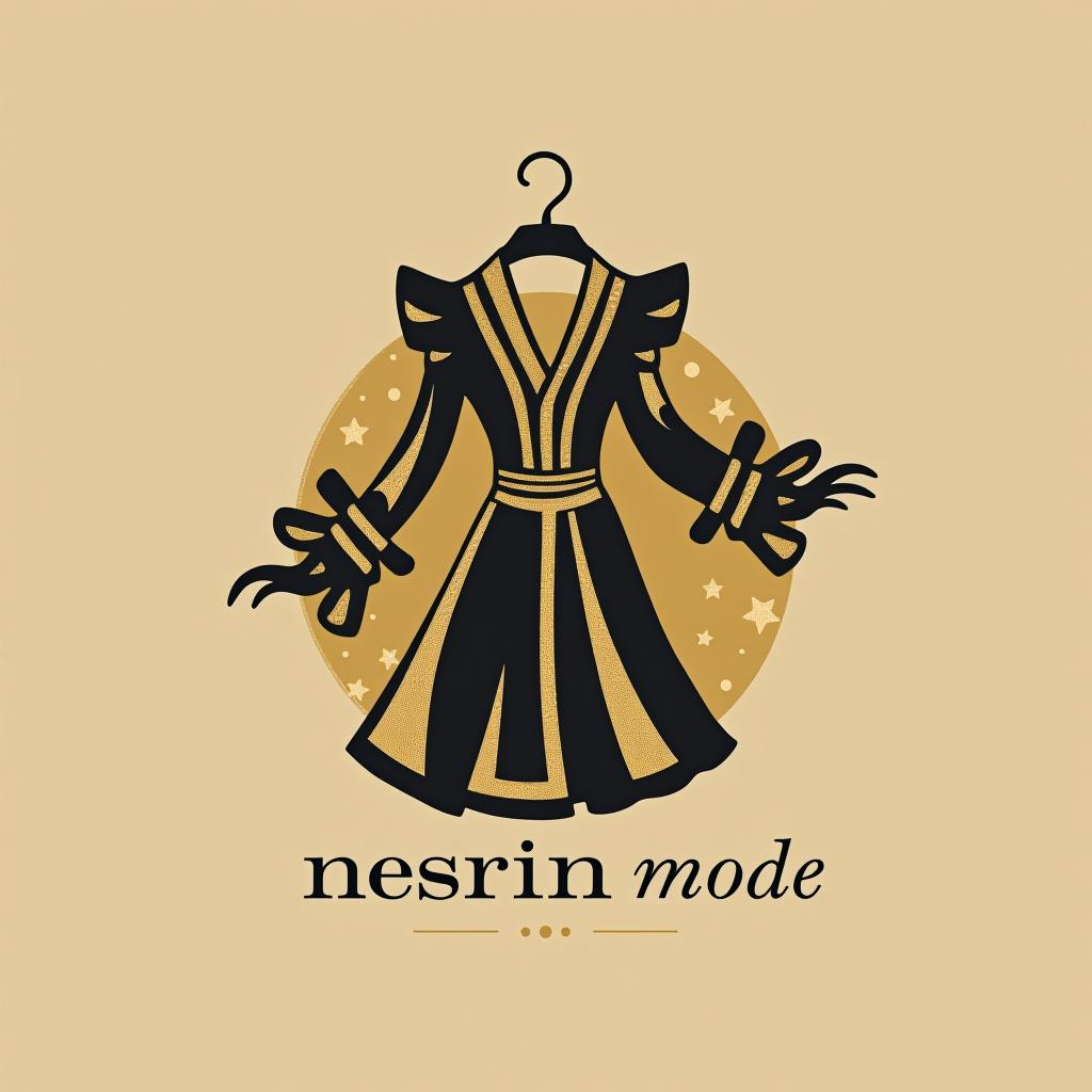  design a logo, in a surrealism style. erstelle mir ein logo für ein kleider laden abstrakt beige gold schwarz , with the text 'nesrin mode '.