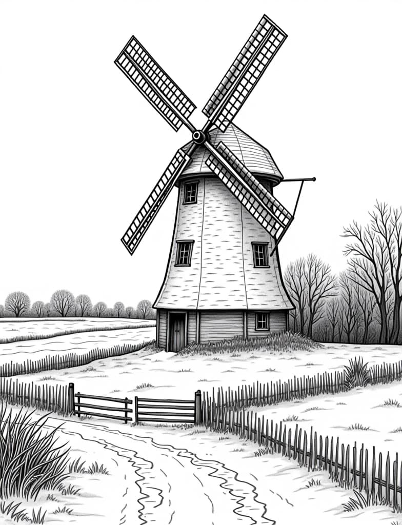  this is for an adult coloring page. a detailed black and white line art of a snowy snow covered windmill in a rural landscape on a solid white background.