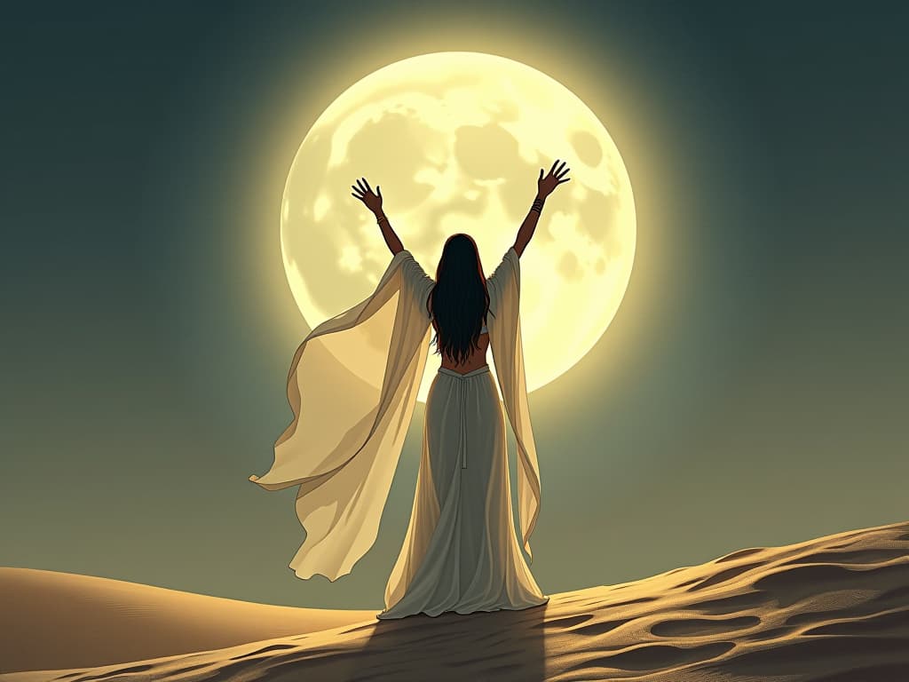  priestess in a tight, sheer linen gown, arms raised toward a glowing full moon, standing atop a sand dune, embodying surrender to cosmic forces, tranquil scene. the style is digital art illustration / modern comic book / mysterious occult, symbolic, esoteric vibe,high detail on character design, incorporating ancient egyptian symbology and attire.