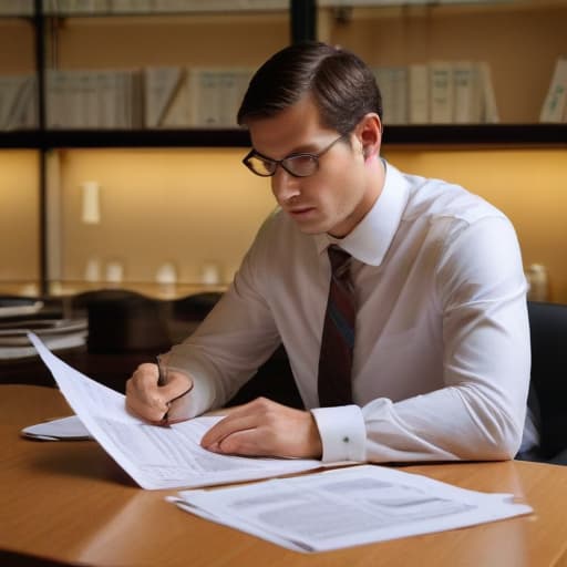 A photo of a professional car accident attorney studying case documents in a sleek, modern office during the early evening with warm, soft lighting casting a gentle glow on the paperwork and highlighting the attorney's focused expression.