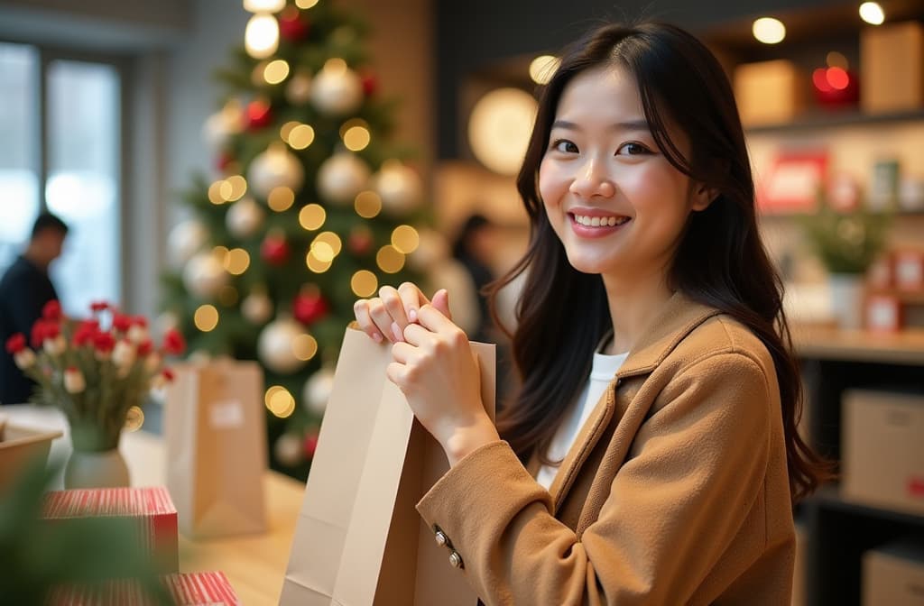  advertising style, stock photo, corporate branding style asian woman with craft bags at checkout in store close up. christmas tree blurred in background . professional, clean, modern, product focused, commercial, eye catching, minimalist, business oriented, highly detailed