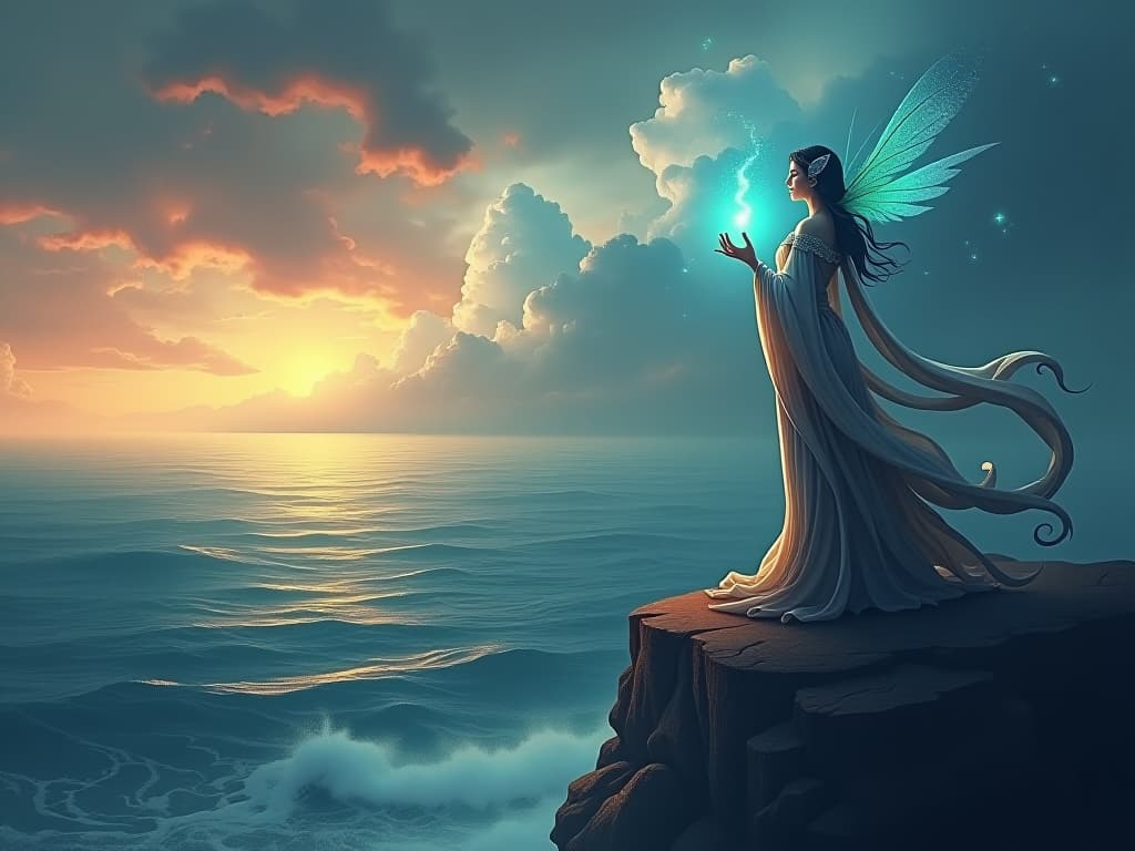  mystical sorceress in ethereal attire, standing on a cliff beside a tranquil, glowing sea, her presence calming the storm clouds above, symbolizing the power of spiritual alchemy to calm life's storms.. the style is digital art illustration,highly detailed, whimsical,magical, dreamlike atmosphere, realism and fantasy blend, smooth, glossy textures,luminous quality, wonder and enchantment.