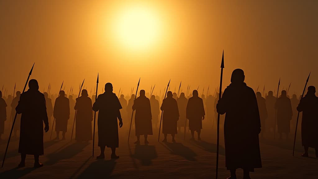  a dark scene depicting the midianites' cruel regime, with soldiers glaring down upon the devastated land of israel, under a harsh sun. hyperrealistic, full body, detailed clothing, highly detailed, cinematic lighting, stunningly beautiful, intricate, sharp focus, f/1. 8, 85mm, (centered image composition), (professionally color graded), ((bright soft diffused light)), volumetric fog, trending on instagram, trending on tumblr, HDR 4K, 8K