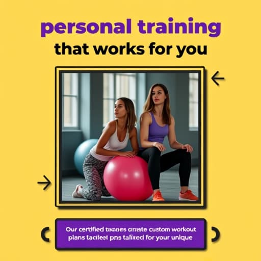  a fitness themed social media post with a light yellow background and a black border. the headline "personal training that works for you" is placed at the top in a bold, italicized sans serif font in cream color with a black shadow, and a larger, bold sans serif font in purple with a thick black outline and shadow effect. below the headline, there is a square image of two women engaged in a fitness activity, such as using a stability ball, with a thick black border. two small, arrow shaped callout boxes in light yellow with black borders are placed on the left and right of the image. below the image, there is a purple rectangle with black borders containing the text "our certified trainers create custom workout plans tailored to your unique hyperrealistic, full body, detailed clothing, highly detailed, cinematic lighting, stunningly beautiful, intricate, sharp focus, f/1. 8, 85mm, (centered image composition), (professionally color graded), ((bright soft diffused light)), volumetric fog, trending on instagram, trending on tumblr, HDR 4K, 8K