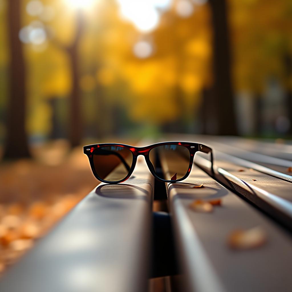  sunglasses on a bench in the park with autumn leaves and sunlight.