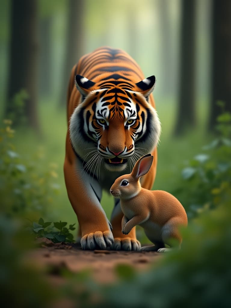  in the forest, the tiger goes with the rabbit photo realistic, highly intricate and detailed, masterpiece, ultra high res,photography,8k resolution