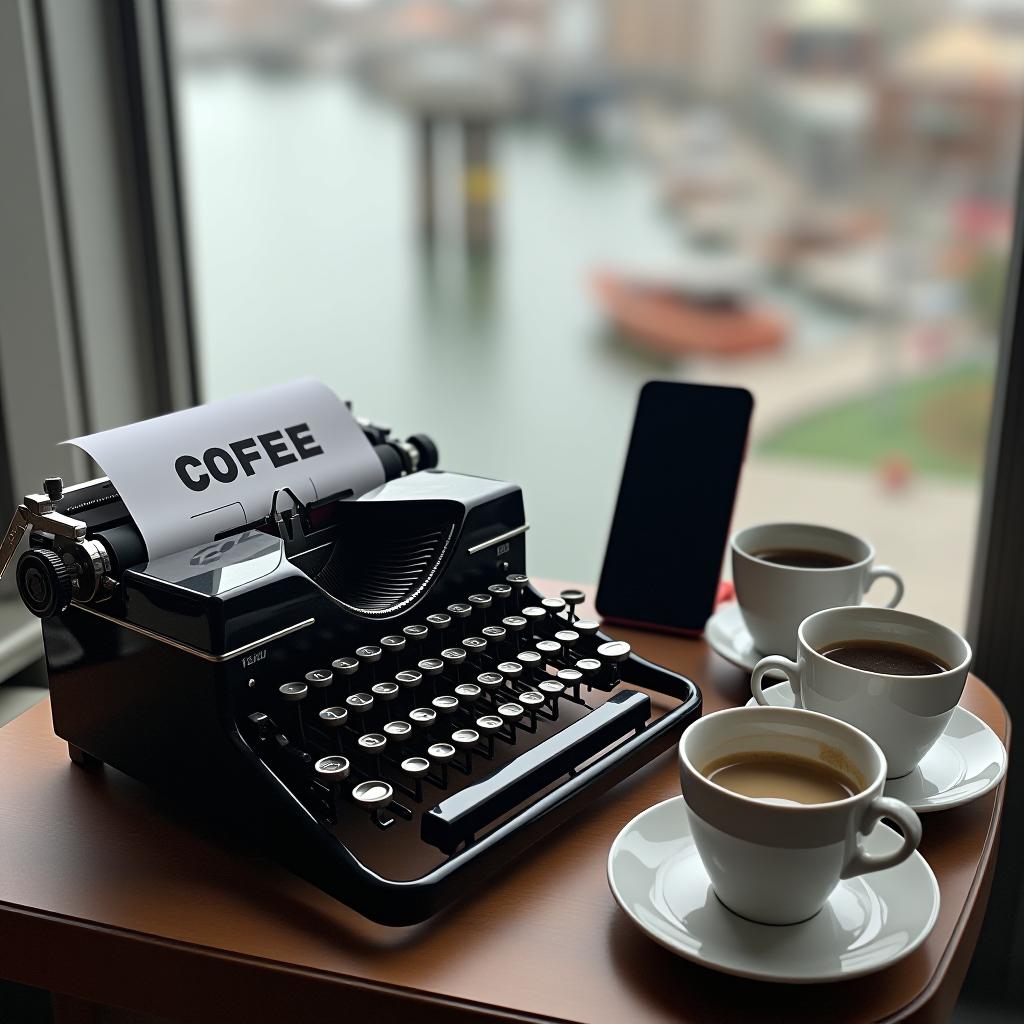  an antique typewriter with an iphone and an ipad, alongside a few cups of aromatic coffee, with a waterfront view outside the window.