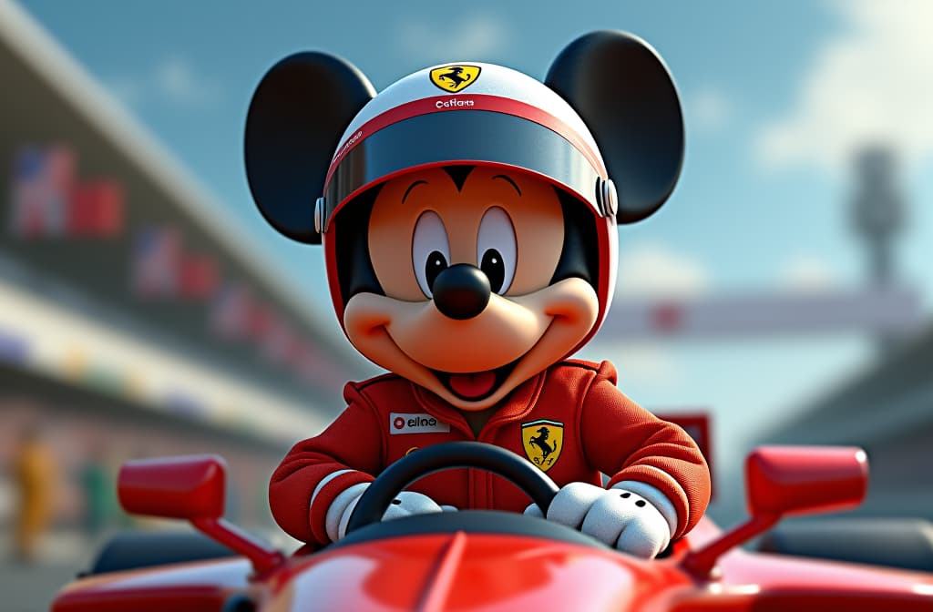  mickey mouse con traje de piloto de f1, estilo comic, hd, full color, racer champions, ilustración hot wheels, car ferrari, anime, realistic shaded perfect face, fine details. anime. realistic shaded lighting by ilya kuvshinov krenz cushart katsuhiro otomo, magali villeneuve, artgerm, rutkowski jeremy lipkin and giuseppe dangelico pino and michael garmash and rob rey hyperrealistic, full body, detailed clothing, highly detailed, cinematic lighting, stunningly beautiful, intricate, sharp focus, f/1. 8, 85mm, (centered image composition), (professionally color graded), ((bright soft diffused light)), volumetric fog, trending on instagram, trending on tumblr, HDR 4K, 8K