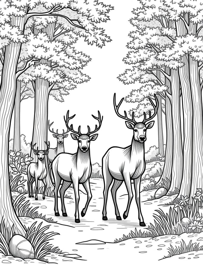  a family of deer walking through an autumn forest, black and white line art on a white background, for an adult coloring page.