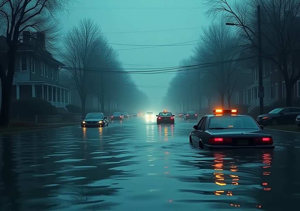  submerged streets with cars and buildings underwater, capturing the impact of a flood, realism, cool tones, digital painting