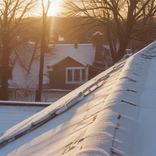 A photo of a traditional snow-covered house roof being carefully inspected by a skilled roofer in a suburban neighborhood during a crisp early morning, with the soft golden light of the rising sun casting long shadows and creating a warm, inviting glow on the icy surface.